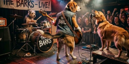 THE BARKS with the singer dog standing up.