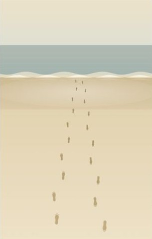Claude output - a flat, minimalist beach scene with footprints.