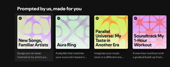 Spotify’s ‘Prompted by us, made for you’ shelf — pre-built example prompted playlists, including the ‘Parallel Universe’ one.